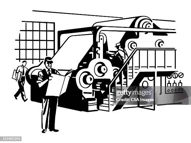 ilustraciones, imágenes clip art, dibujos animados e iconos de stock de periódico de imprenta - trabajador de imprenta