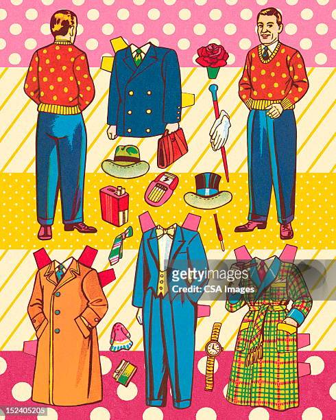 paper man doll and various outfits - printed trousers stock illustrations