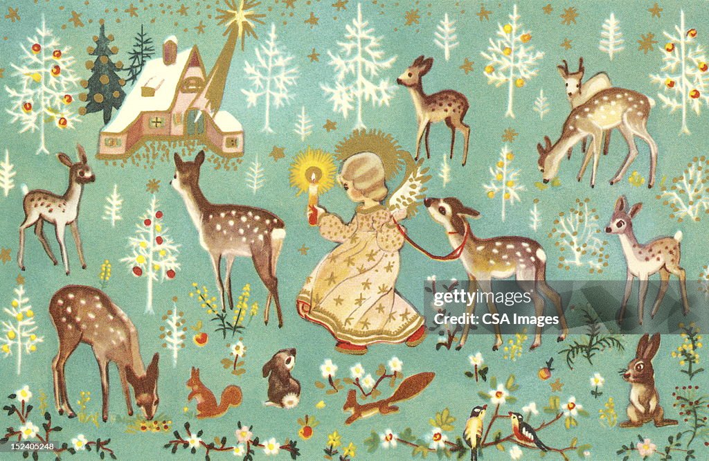 Anjo com animais de floresta