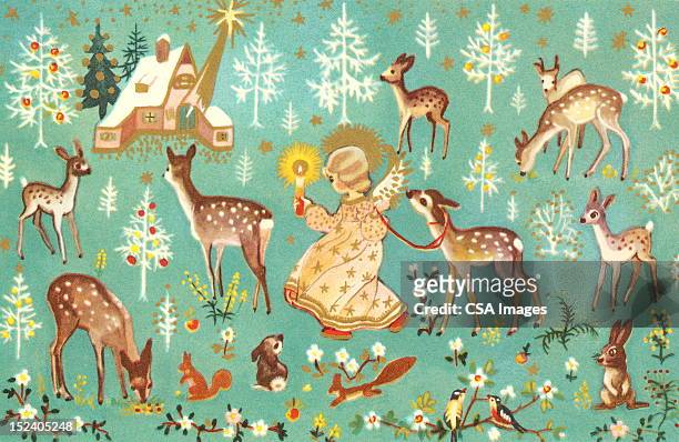 angel with forest animals - candle stock illustrations