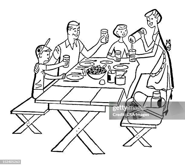 ilustraciones, imágenes clip art, dibujos animados e iconos de stock de familia de un picnic - familia comiendo