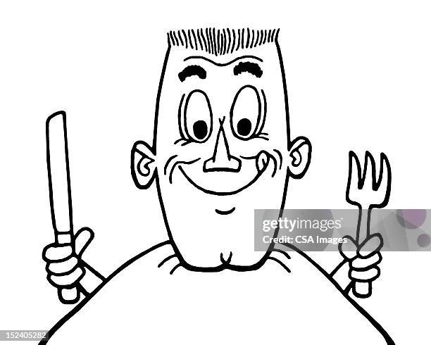 hungry man holding knife and fork - holding fork stock illustrations
