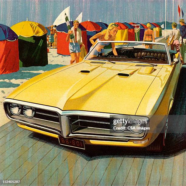 vintage yellow convertible car - convertible stock illustrations