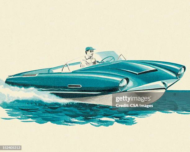 mann, die futuristische boot fahren - motorboot see stock-grafiken, -clipart, -cartoons und -symbole