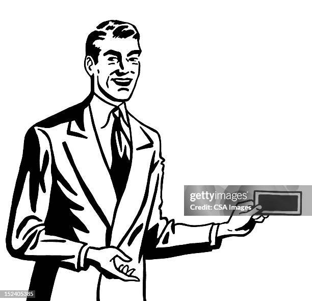 businessman holding card/money - man facing camera smiling stock illustrations