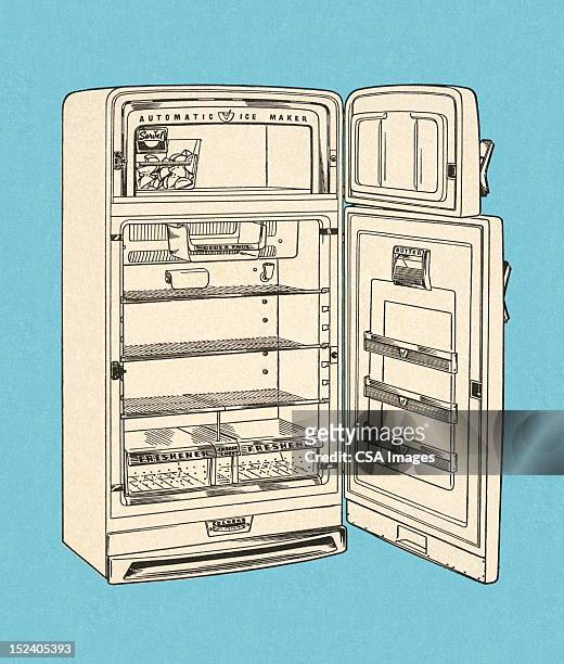 offene kühlschrank - kühlschrank stock-grafiken, -clipart, -cartoons und -symbole