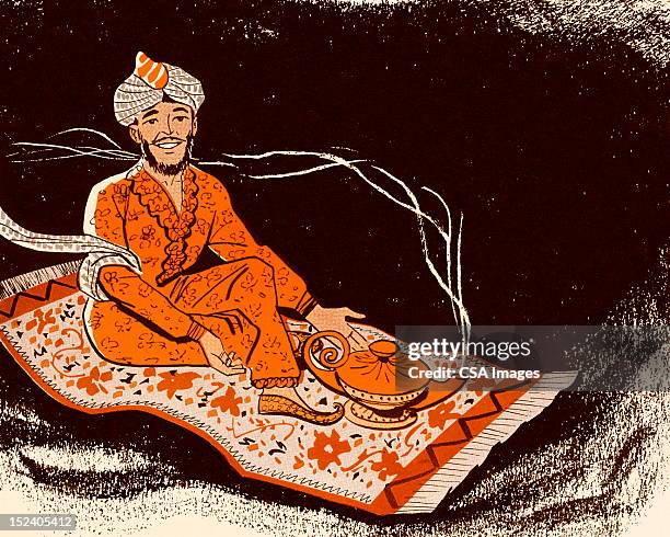 genie on magic carpet - magic carpet ride stock illustrations