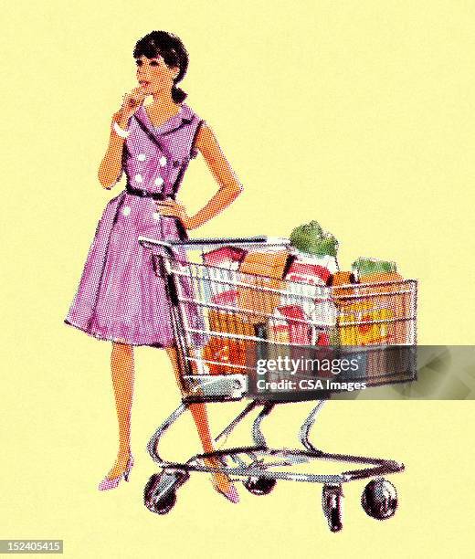 stockillustraties, clipart, cartoons en iconen met woman with full shopping cart - vintage stock illustrations