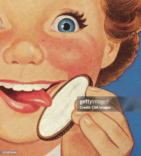 stockillustraties, clipart, cartoons en iconen met child licking cookie - girls licking girls