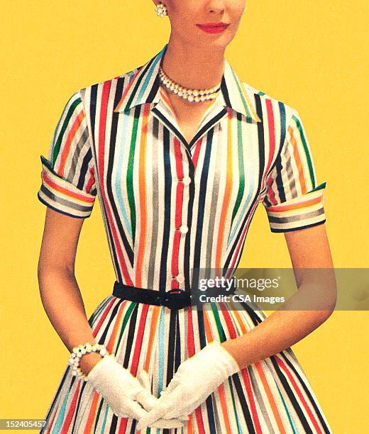 woman wearing striped dress and white gloves - vintage dress stock pictures, royalty-free photos & images