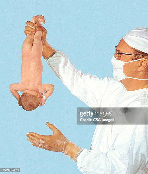 bildbanksillustrationer, clip art samt tecknat material och ikoner med doctor holding new born baby upside down - barnafödsel