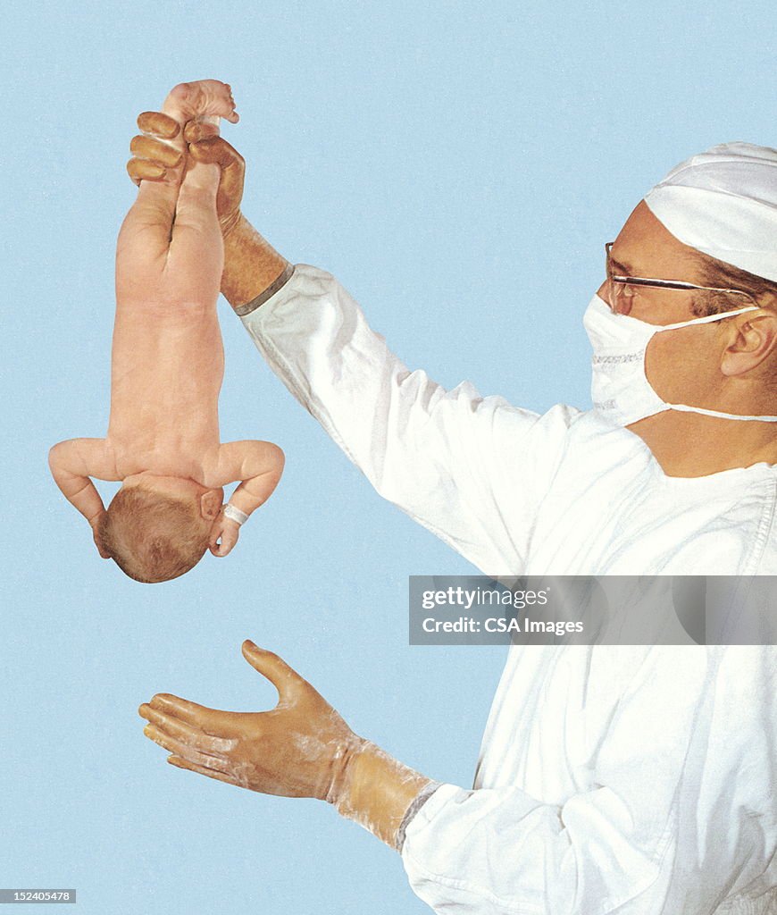 Baby Inverted Doctor Holding New Born Baby Upside Down High-Res Vector Graphic ...
