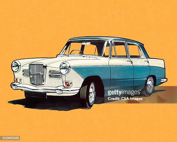 vintage-blau und weiß auto - vintage car stock-grafiken, -clipart, -cartoons und -symbole