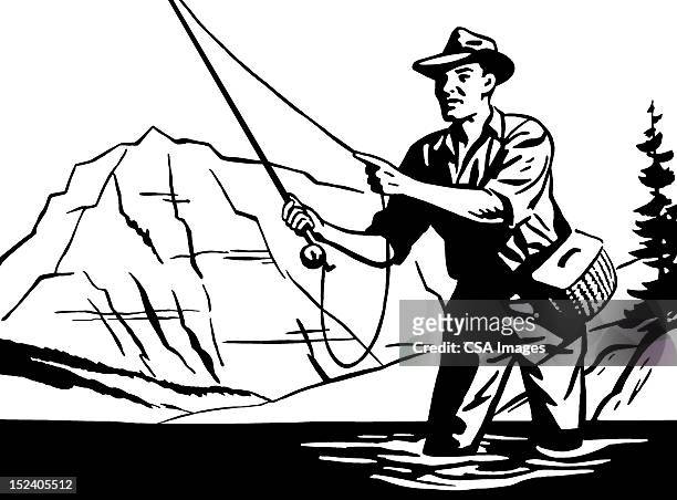 man fly fishing - wading stock illustrations stock illustrations