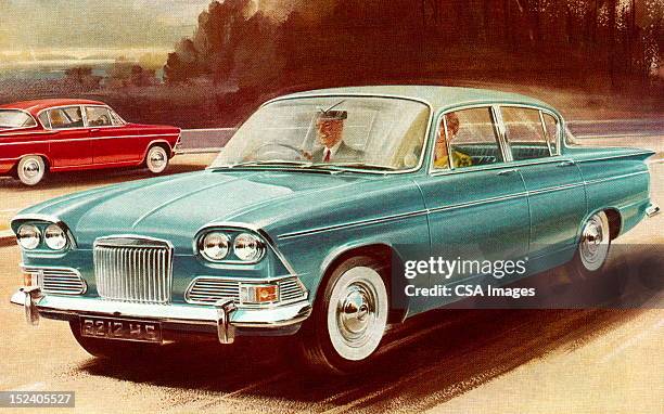 vintage blue car - man driving car stock illustrations