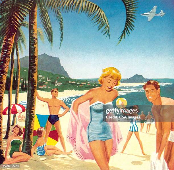 people at the beach - hawaii coastline stock illustrations