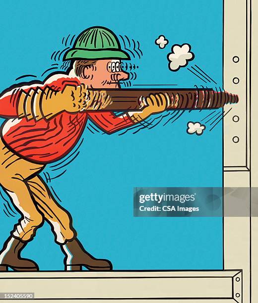 iron worker installing rivets - drill machine stock illustrations