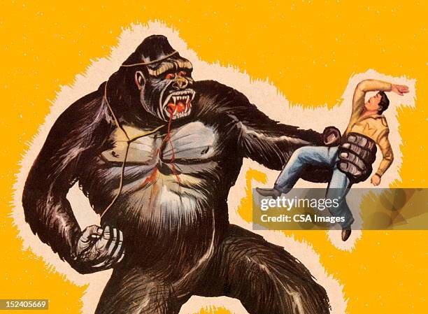 king kong holding man - gorilla stock illustrations