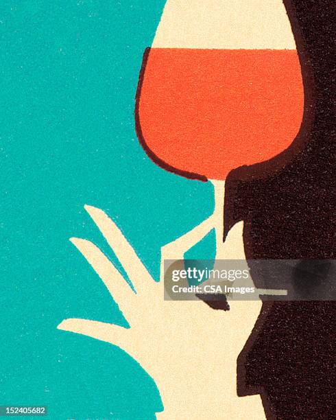 stockillustraties, clipart, cartoons en iconen met hand holding glass of wine - happy hour vintage