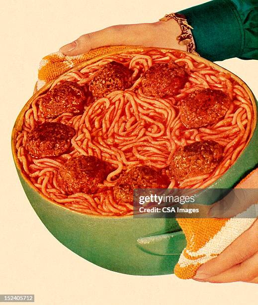 bowl of spaghetti and meatballs - food orange background stock illustrations