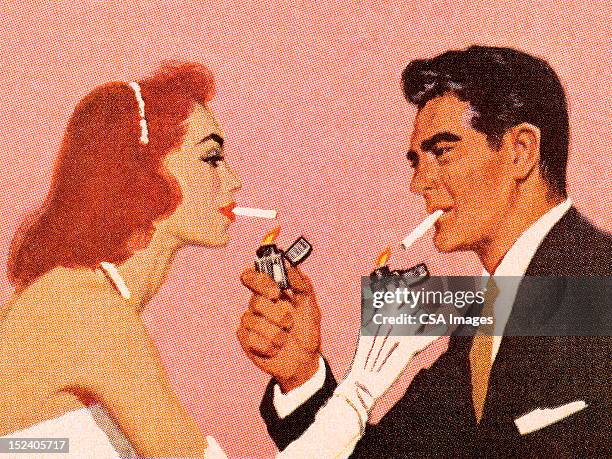 couple lighting each others cigarette - man smoking cigarette stock illustrations