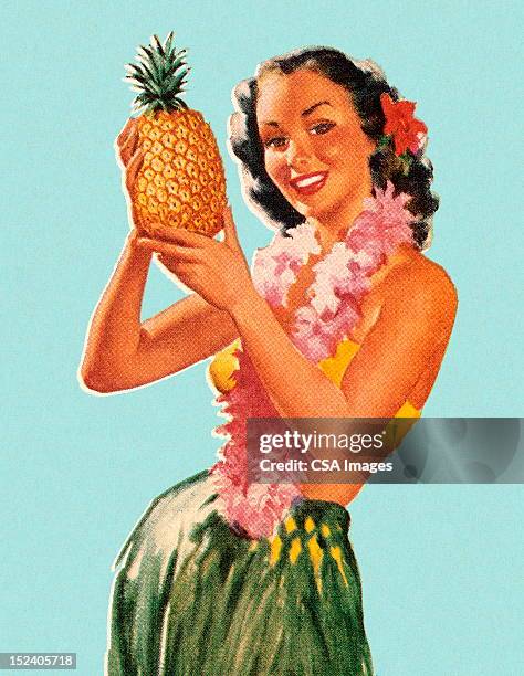 hula girl holding pineapple - hawaiian culture stock illustrations