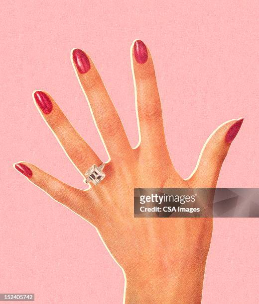 stockillustraties, clipart, cartoons en iconen met woman's hand wearing engagement ring - rode nagellak