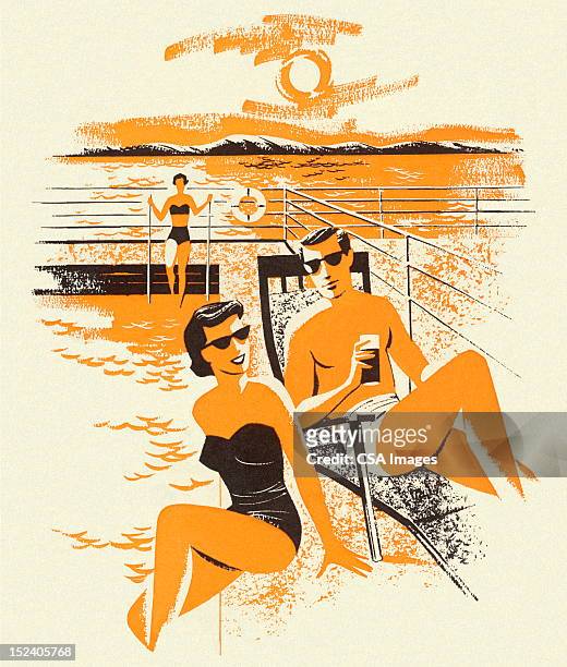 couple sunbathing - public swimming pool stock illustrations