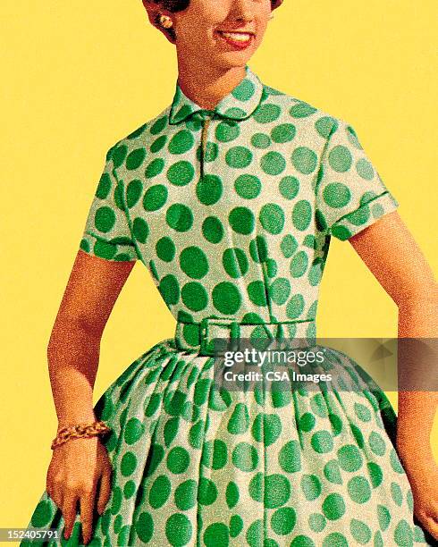 ilustraciones, imágenes clip art, dibujos animados e iconos de stock de mujer en vestido de lunares verde - dress