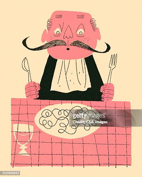 ilustraciones, imágenes clip art, dibujos animados e iconos de stock de bigote hombre de comer - etiket