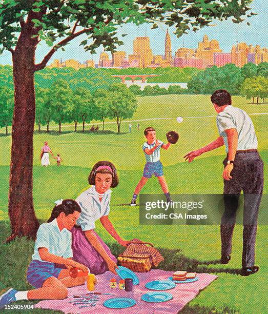 ilustraciones, imágenes clip art, dibujos animados e iconos de stock de familia de un picnic - familia comiendo