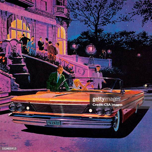 orange convertible vintage car - car driveway night stock illustrations