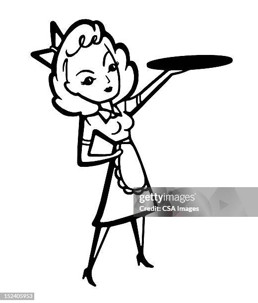 waitress holding tray - waitress stock illustrations