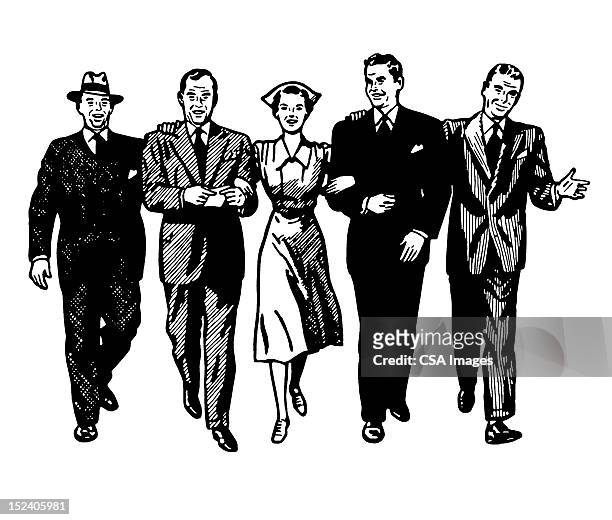 nurse walking with four men - arm in arm stock illustrations