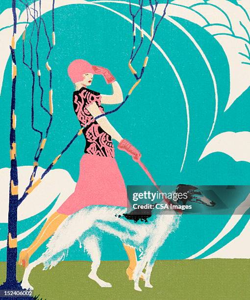 illustrations, cliparts, dessins animés et icônes de femme marche chien barzoï - barzoi