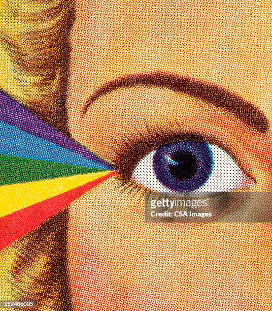 woman's eye und regenbogen - blue eyes stock-grafiken, -clipart, -cartoons und -symbole