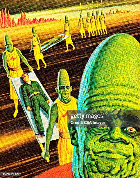 aliens taking a human - man lying on back stock illustrations