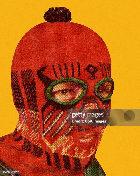 mann mit roten gesichtsschutz - skimaske stock-grafiken, -clipart, -cartoons und -symbole