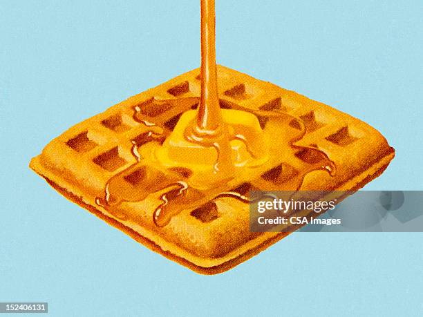 syrup being poured on waffle - butter stock illustrations