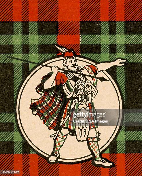 scotsman holding spear and pointing - kult stock illustrations