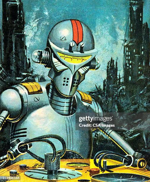 bildbanksillustrationer, clip art samt tecknat material och ikoner med robot among city ruins - robot
