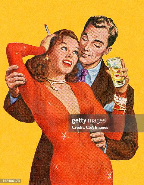man embracing woman in red dress - man smoking cigarette stock illustrations
