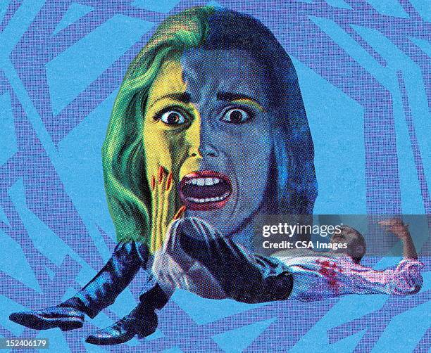 woman screaming over injured man - portraits of people blue background stock illustrations