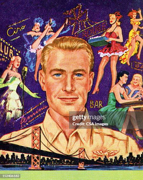 man surrounded by night club ladies - las vegas skyline stock illustrations