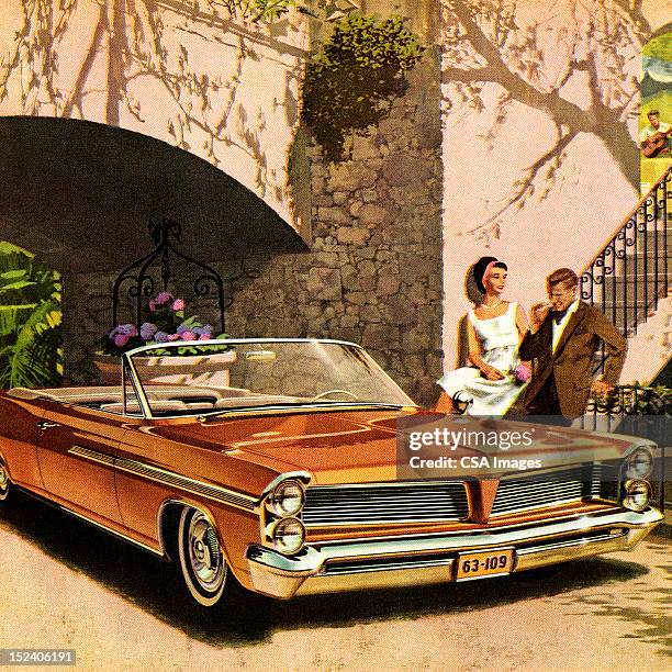 couple next to orange convertible car - vintage car stock illustrations