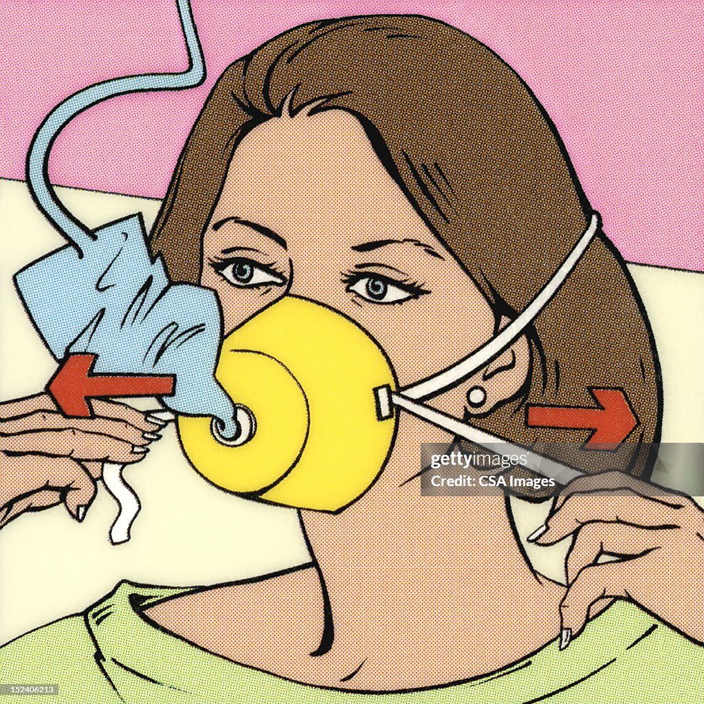 Mujer inflar máscara de oxígeno