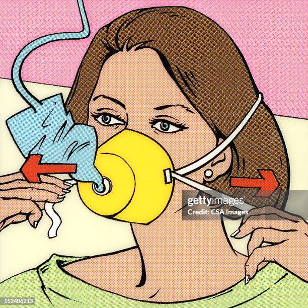 stockillustraties, clipart, cartoons en iconen met woman inflating oxygen mask - one mid adult woman only