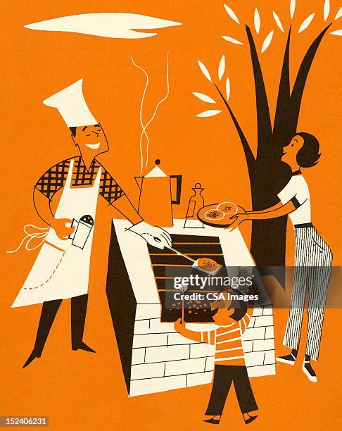 family bbq - couple making dinner stock illustrations