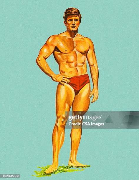 muscle man in swim trunks - bodybuilder stock illustrations