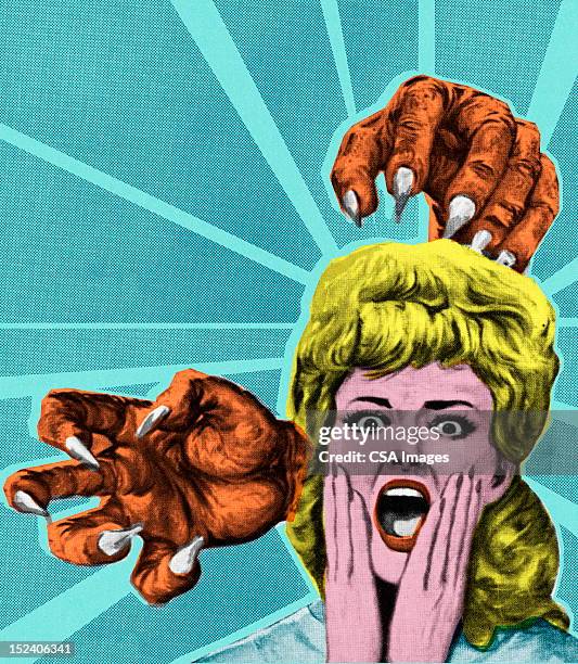 ilustraciones, imágenes clip art, dibujos animados e iconos de stock de monster manos y mujer pateando - scary monster